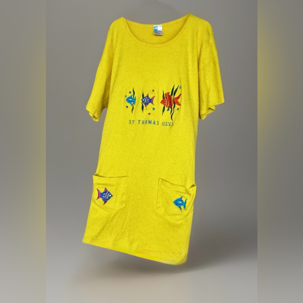 Vintage Super Style St. Thomas USVI Yellow Cotton Embroidered Beach Cover-Up XL*
